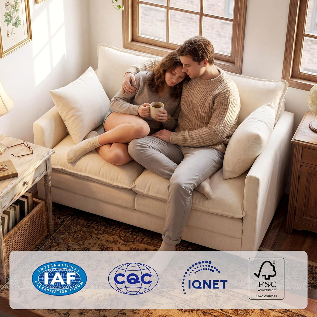 KYJ Loveseat Sofa, Cloud Love Seat Couch 3 Layer Cushion for Small Spaces | 50" Chenille Small Sofa, 27" Deep Seat, 2 Washable Pillow, in a Box for Bedroom & Living room, Singles, Couple & Kid, Beige