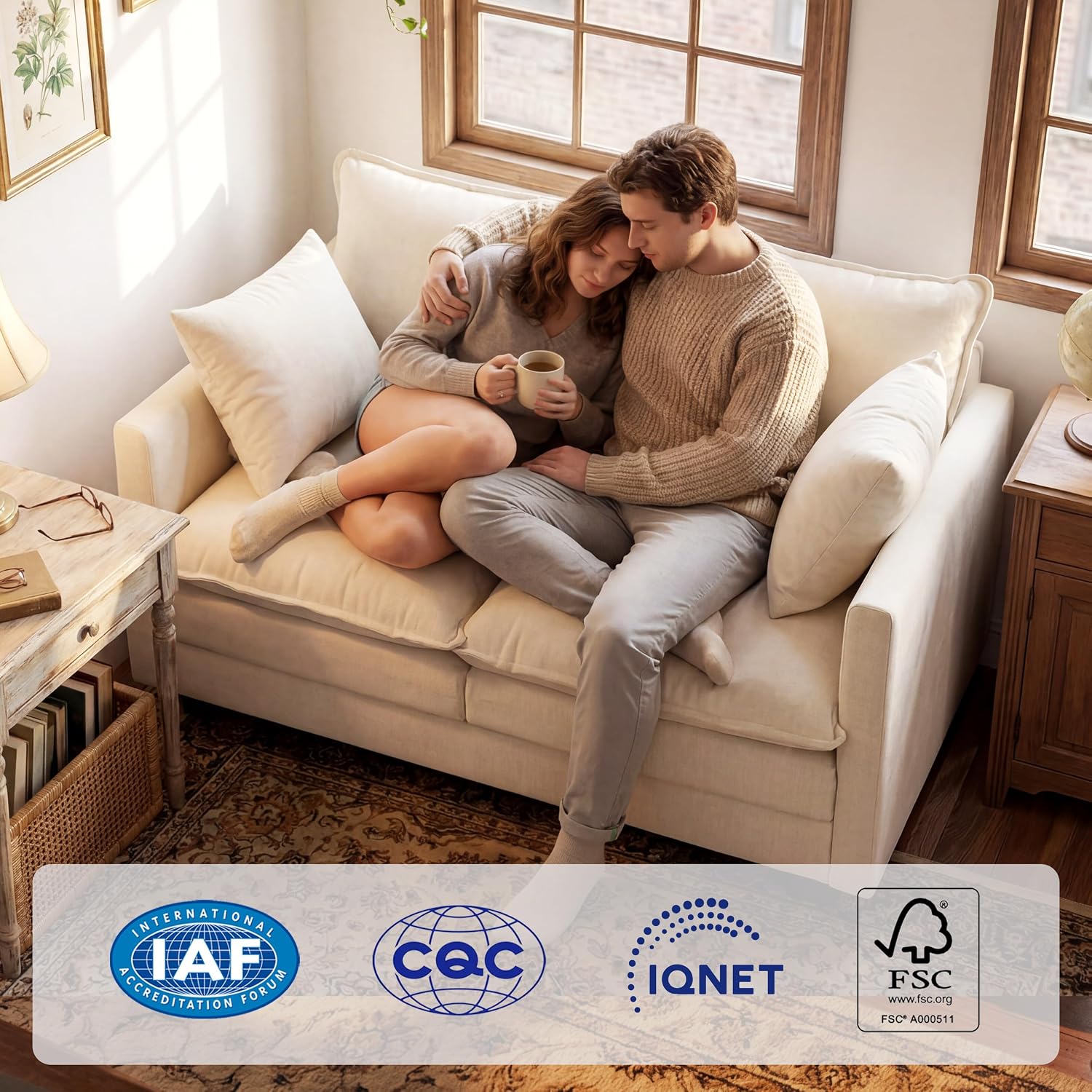 KYJ Loveseat Sofa, Cloud Love Seat Couch 3 Layer Cushion for Small Spaces | 50" Chenille Small Sofa, 27" Deep Seat, 2 Washable Pillow, in a Box for Bedroom & Living room, Singles, Couple & Kid, Beige