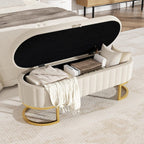 Storage Ottoman Bench, 45" Velvet End of Bed Bench Bedroom Bench with Golden Metal Legs, Upholstered Storage Bench for Bedroom Living Room Entryway and Window, Beige