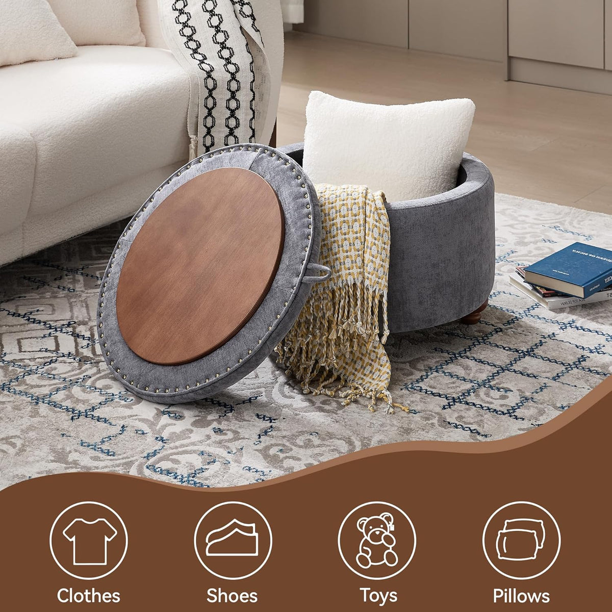 WUTUTUEE 24Inch Round Storage Ottoman with Tray, Modern Tufted Circle Coffee Table with Storage, Upholstered Ottoman with Removable Top for Living Room, Bedroom, Chenille Blue