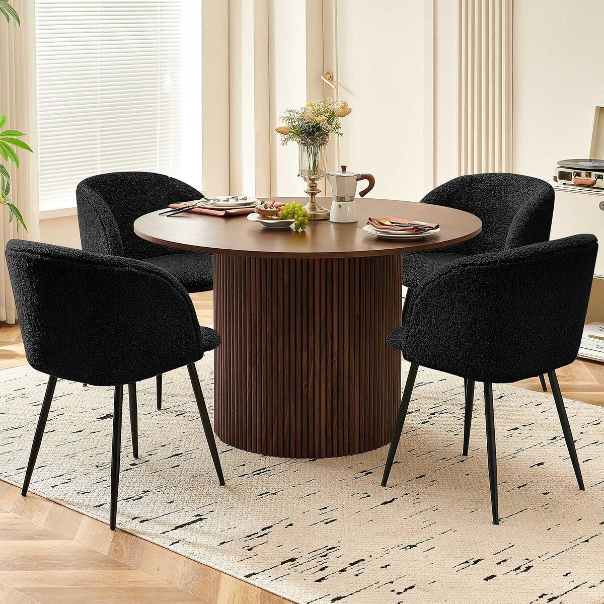 Homedot 5-Piece Round Dining Table Set for 4, 47-Inch Walnut Kitchen Table and Upholstered Chairs Set for Dining Room, Modern Circle Dinette Table Set with Black Barrel Dining Side Chairs Upholstered