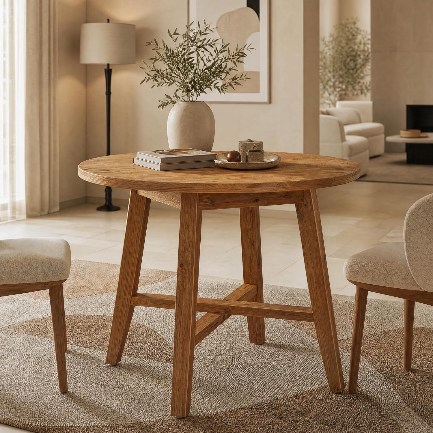Solid Wood Round Dining Table for 2-4, 31.5-Inch Farmhouse Small Kitchen Table for Dining Room, Kitchen, or Small Spaces (Brown)