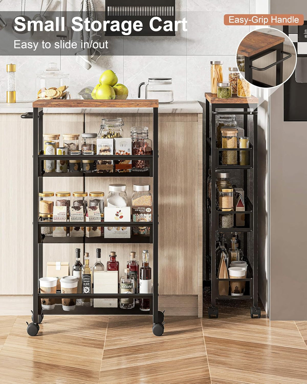 VECELO 4 Tier Slim Rolling Cart Organizer, Rolling Carts On Wheels with Storage, Sturdy Metal Frame Narrow Cart with Handle, Space Saving for Kitchen, Bathroom, Laundry, Rustic Brown