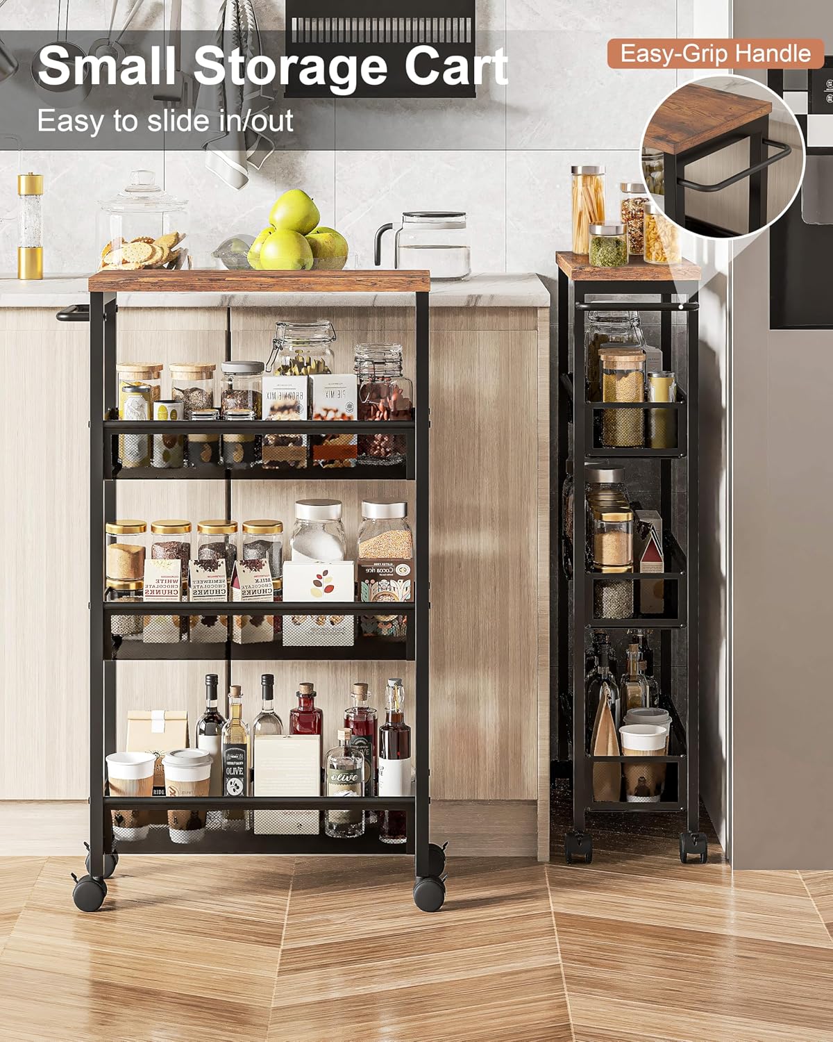 VECELO 4 Tier Slim Rolling Cart Organizer, Rolling Carts On Wheels with Storage, Sturdy Metal Frame Narrow Cart with Handle, Space Saving for Kitchen, Bathroom, Laundry, Rustic Brown