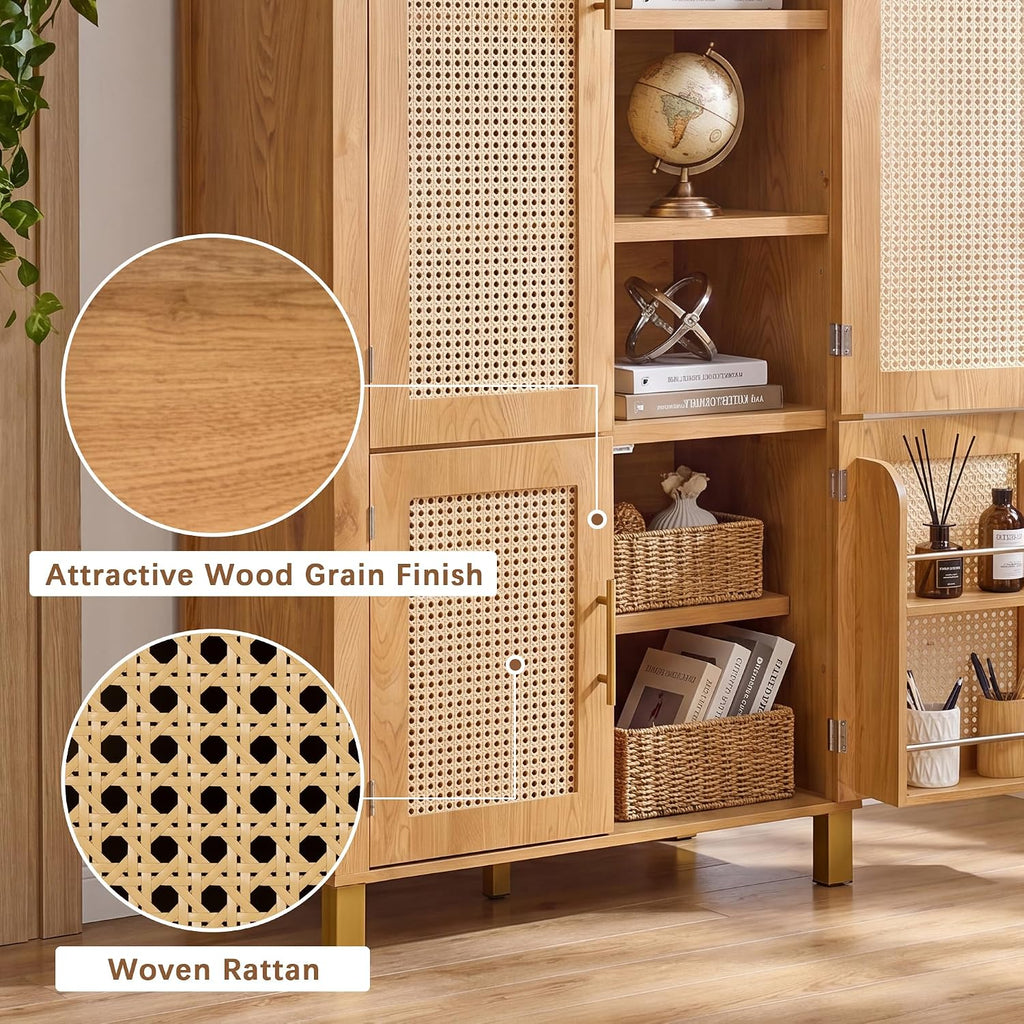 Merax 71'' Tall Farmhouse Rattan Arched Storage Cabinet | Boho Style Pantry Cabinet, Open Countertop, Rattan Doors & Adjustable Shelves, Arched Cabinet for Kitchen Dining Room