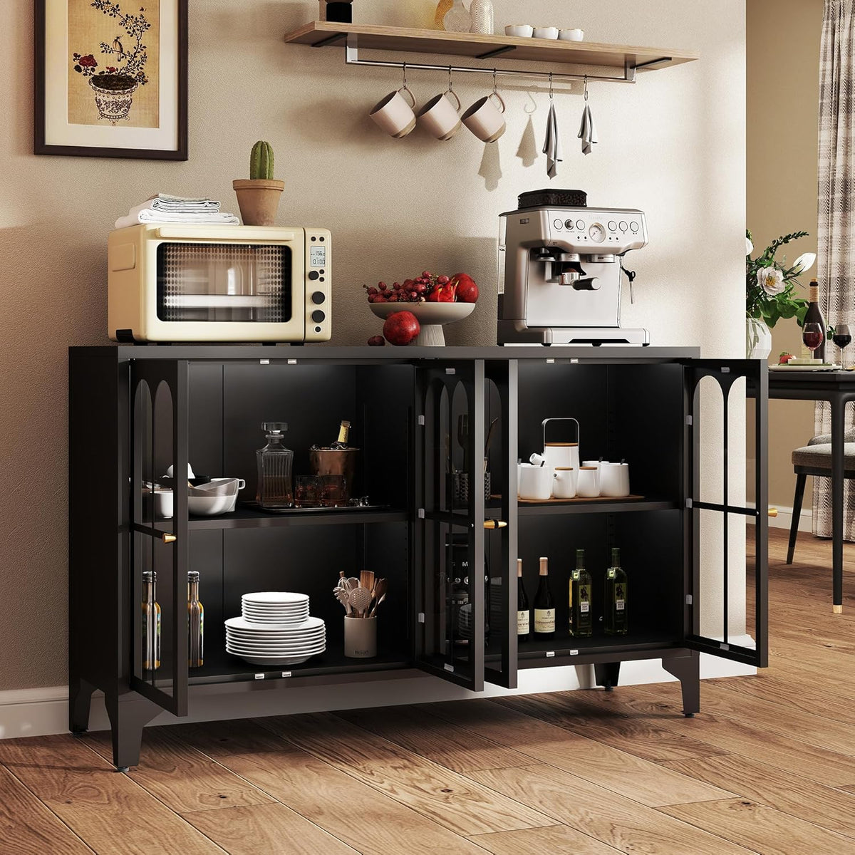 Foreate Sideboard Buffet Cabinet with Glass Door & LED Light, 53.2" Large Buffet Cabinet with Storage & Adjustable Shelf, Farmhouse Sideboard Credenzas Metal Kitchen Buffet, Black