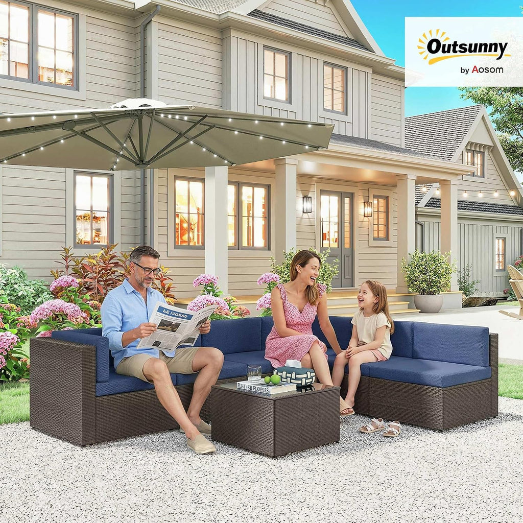 Outsunny 7 Piece Patio Furniture Set, Wicker Outdoor Sectional Sofa Set, All Weather PE Rattan Outdoor Furniture Conversation Sets with Cushions, Glass Top Coffee Table, Dark Blue