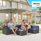 Outsunny 7 Piece Patio Furniture Set, Wicker Outdoor Sectional Sofa Set, All Weather PE Rattan Outdoor Furniture Conversation Sets with Cushions, Glass Top Coffee Table, Dark Blue