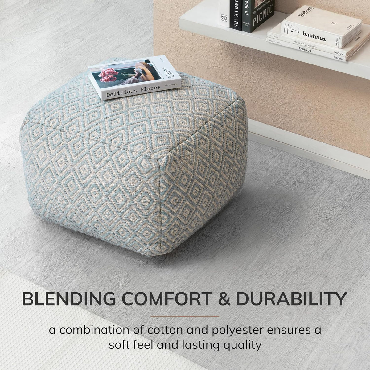 Anji Mountain Artisan Crafted Cotton Blend Pouf Ottoman | Versatile Floor Seating & Footstool for Living Room | Modern Boho Home Décor Accent | Filled Pouffe