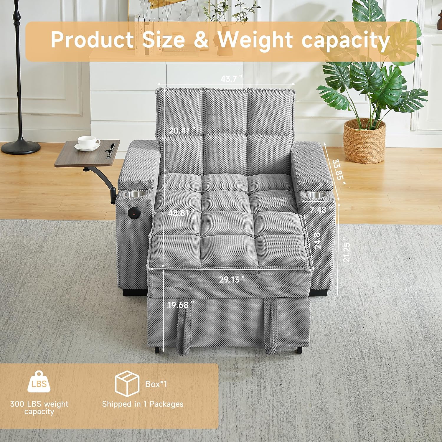 hansones Oversized Recliner Chair for Living Room, Accent Chair with Adjustable Backrest, Deep Seat Reading Chair with Storage, Cup Holders and 360° Swivel Side Table (Light Gray Armchair)