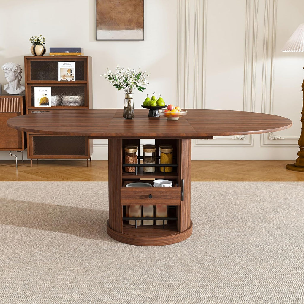 Round Extendable Dining Room Table for 4 6, 47"-59" Oval Expandable Kitchen Table w/Storage Shelf and Drawer, Farmhouse Walnut Space Saving Wood Dinner Tables with Fluted Pedestal Base
