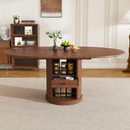 Round Extendable Dining Room Table for 4 6, 47"-59" Oval Expandable Kitchen Table w/Storage Shelf and Drawer, Farmhouse Walnut Space Saving Wood Dinner Tables with Fluted Pedestal Base