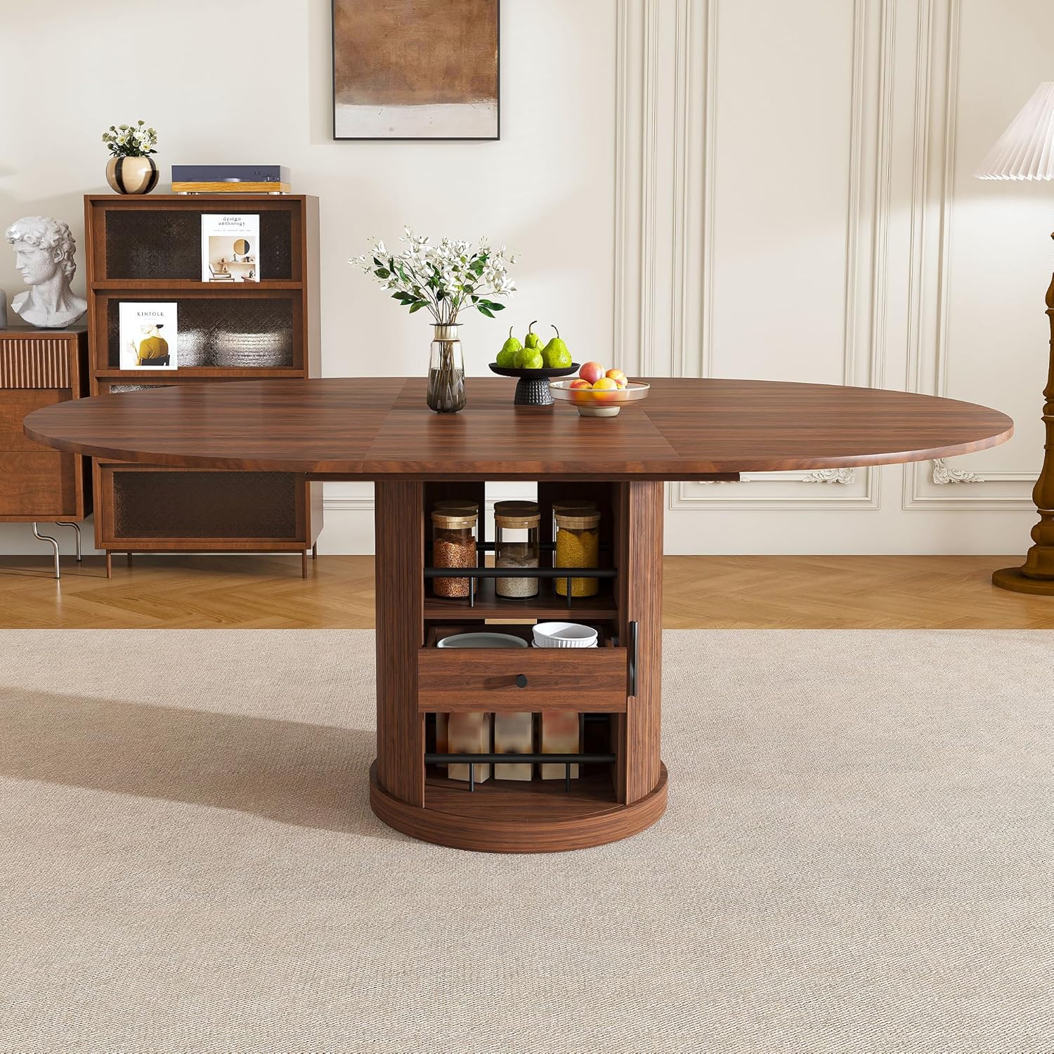 Round Extendable Dining Room Table for 4 6, 47"-59" Oval Expandable Kitchen Table w/Storage Shelf and Drawer, Farmhouse Walnut Space Saving Wood Dinner Tables with Fluted Pedestal Base