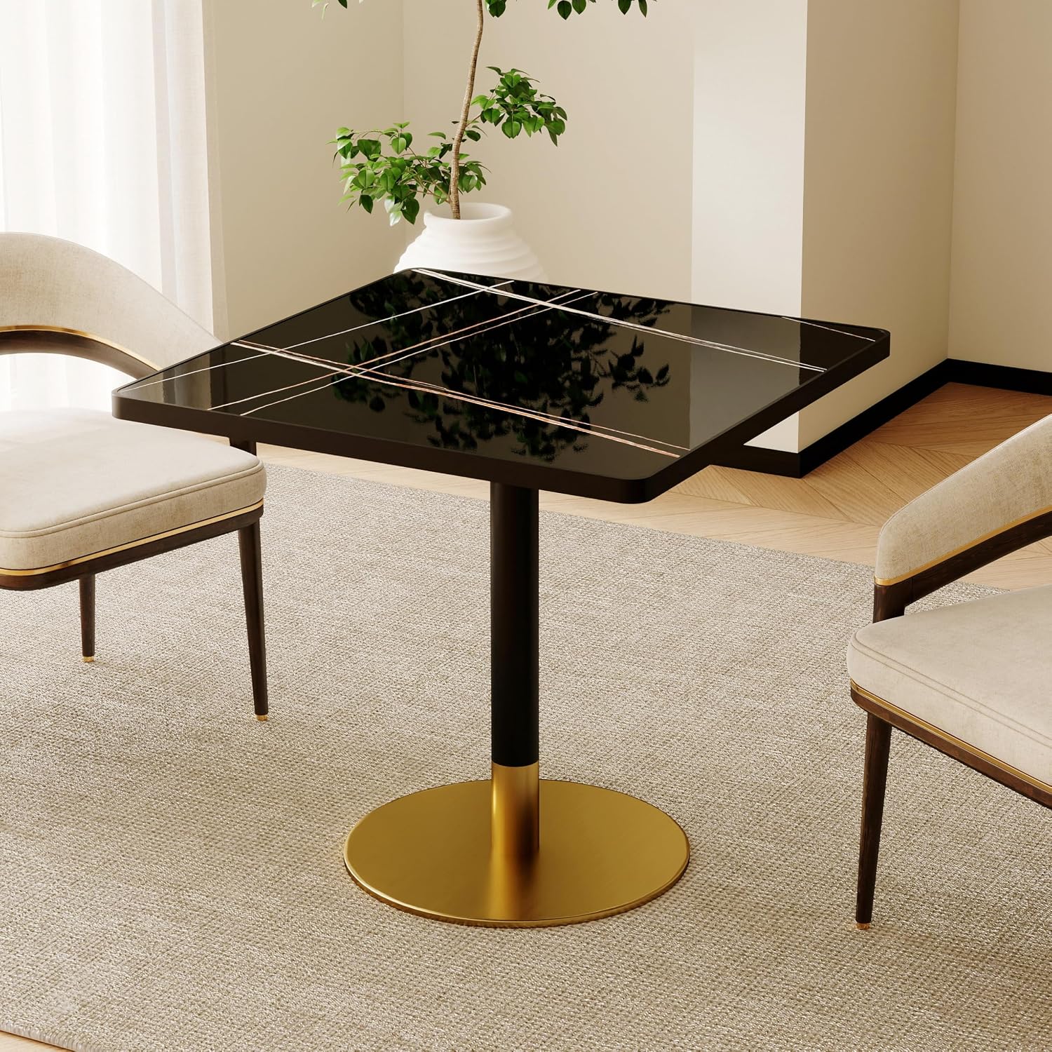 Henf 31.5'' Square Dining Tulip Table for 2 4, Modern Black Faux Marble Bistro Table with Sintered Stone Tabletop, Small Black Gold Metal Edge & Base Tulip Tables for Dining Room, Cafe, Apartment