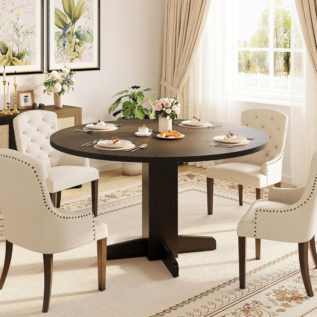 IDEALHOUSE Round Dining Table for 4-6 People, 47" Wood Kitchen Table with Sturdy Pedestal Base, Farmhouse Circle Dinner Tables for Dining Room, Living Room, Apartment, Black