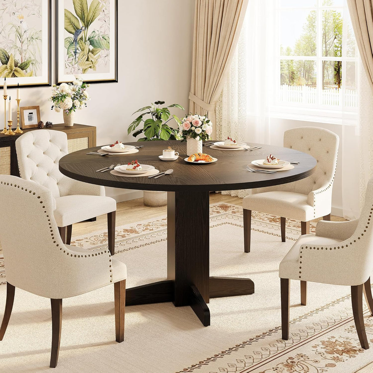 IDEALHOUSE Round Dining Table for 4-6 People, 47" Wood Kitchen Table with Sturdy Pedestal Base, Farmhouse Circle Dinner Tables for Dining Room, Living Room, Apartment, Black