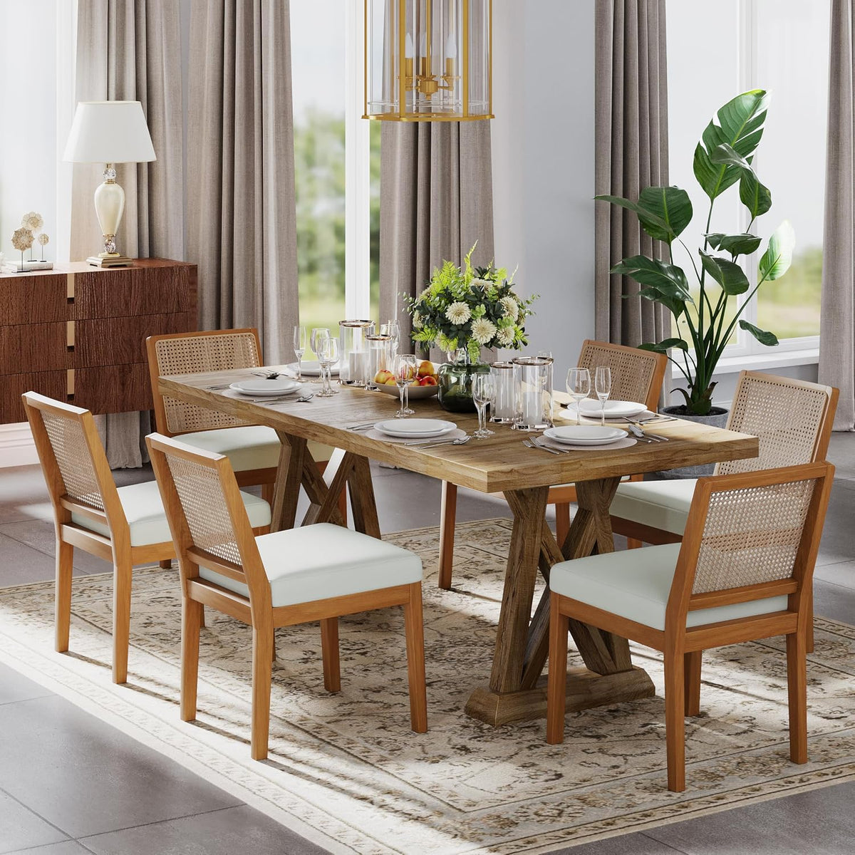 Andeworld Farmhouse Natural Rattan Dining Chairs Set of 6, Upholstered Mid Century Modern Kitchen Dining Room Side Chairs, Armless Faux Leather Kitchen Chairs with Wood Frame, Beige