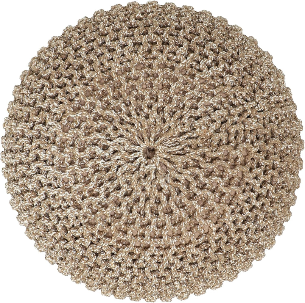 · REDEARTH · Round Pouf Ottoman - Hand Knitted Boho Poof - Beige Ivory