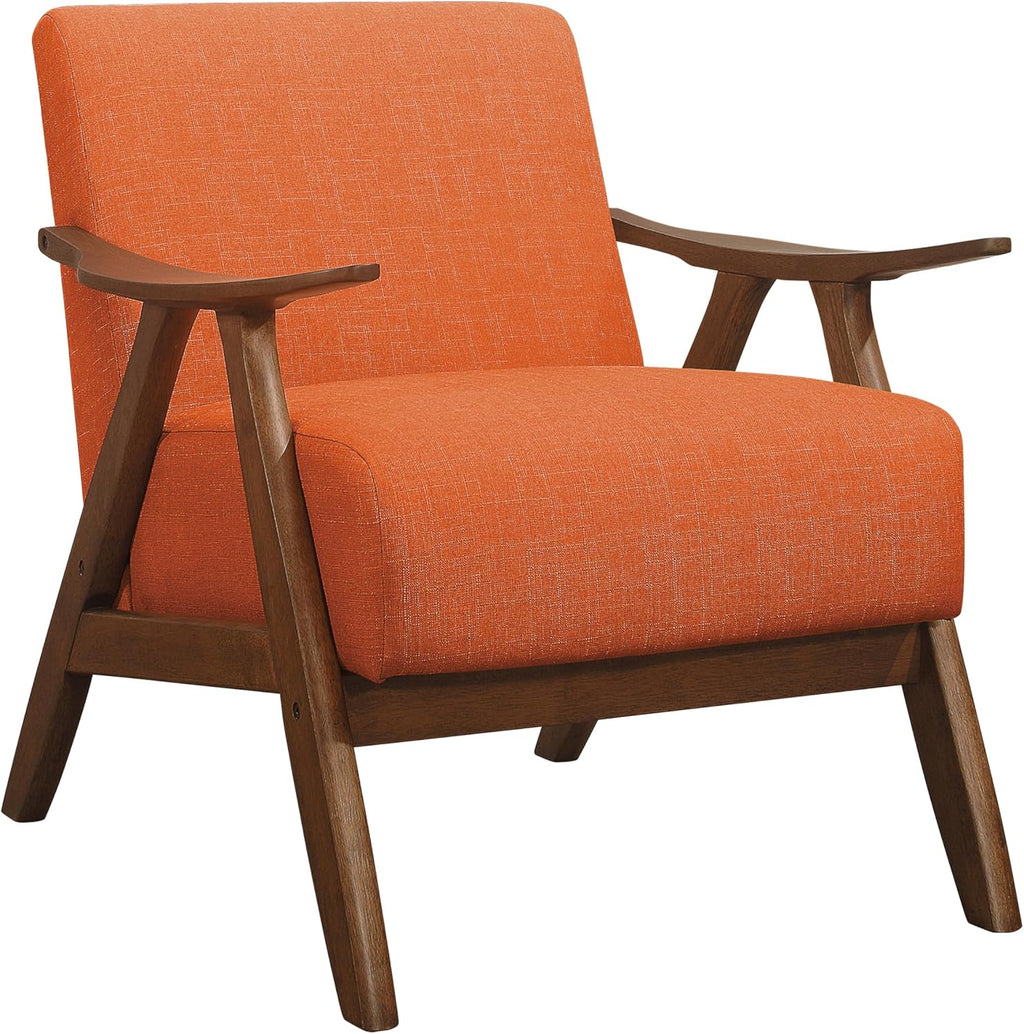 Lexicon Mid Century Modern Accent Chair with Solid Wood Frame in Walnut Finish, Upholstered Living Room Lounge Arm Chair, Thick and Comfy Innerspring Seat Cushion, Linen-Look Fabric, Orange