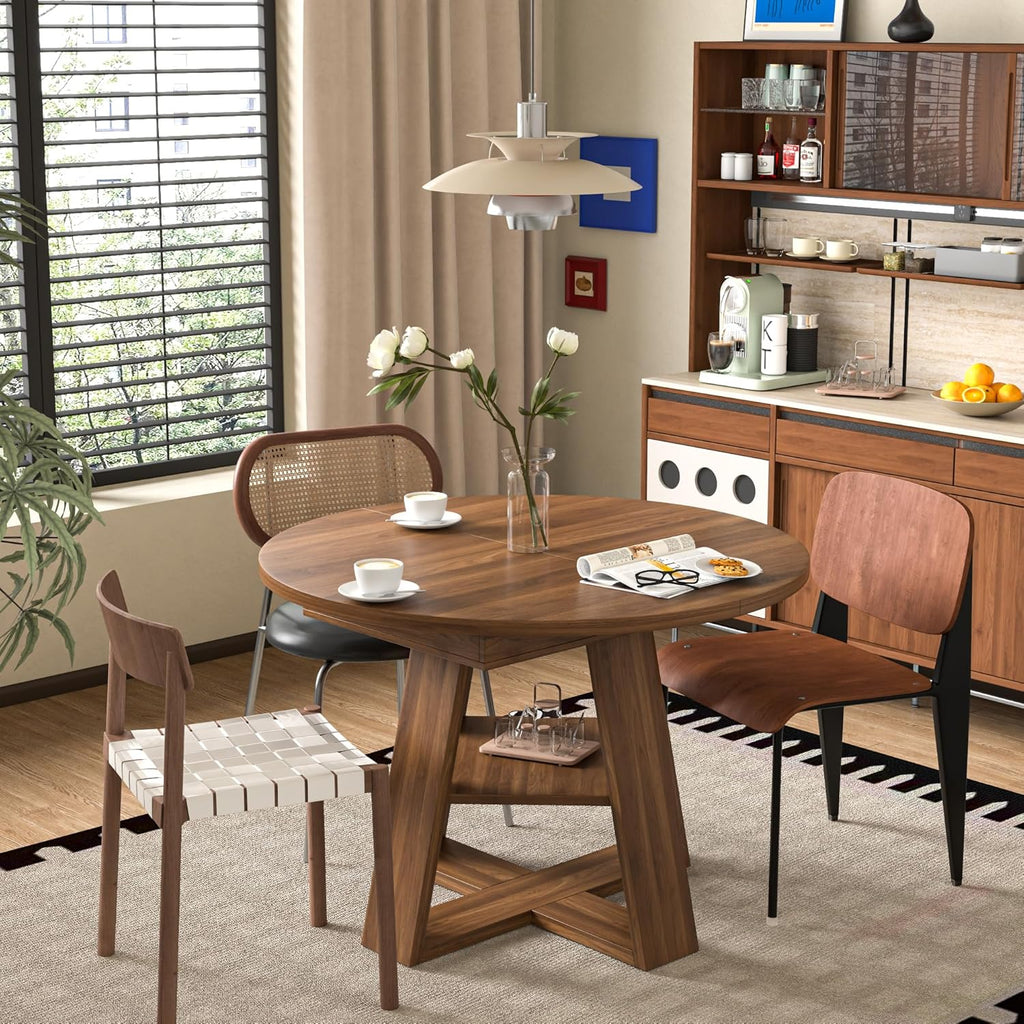 43.3"-59" Extendable Round Oval Dining Table for 4-8 with Storage Shelf | Modern Kitchen Oval Dining Table with Removable Leaves,Space Saving Extendable Table Wood Base for Kitchen Living Room Walnut