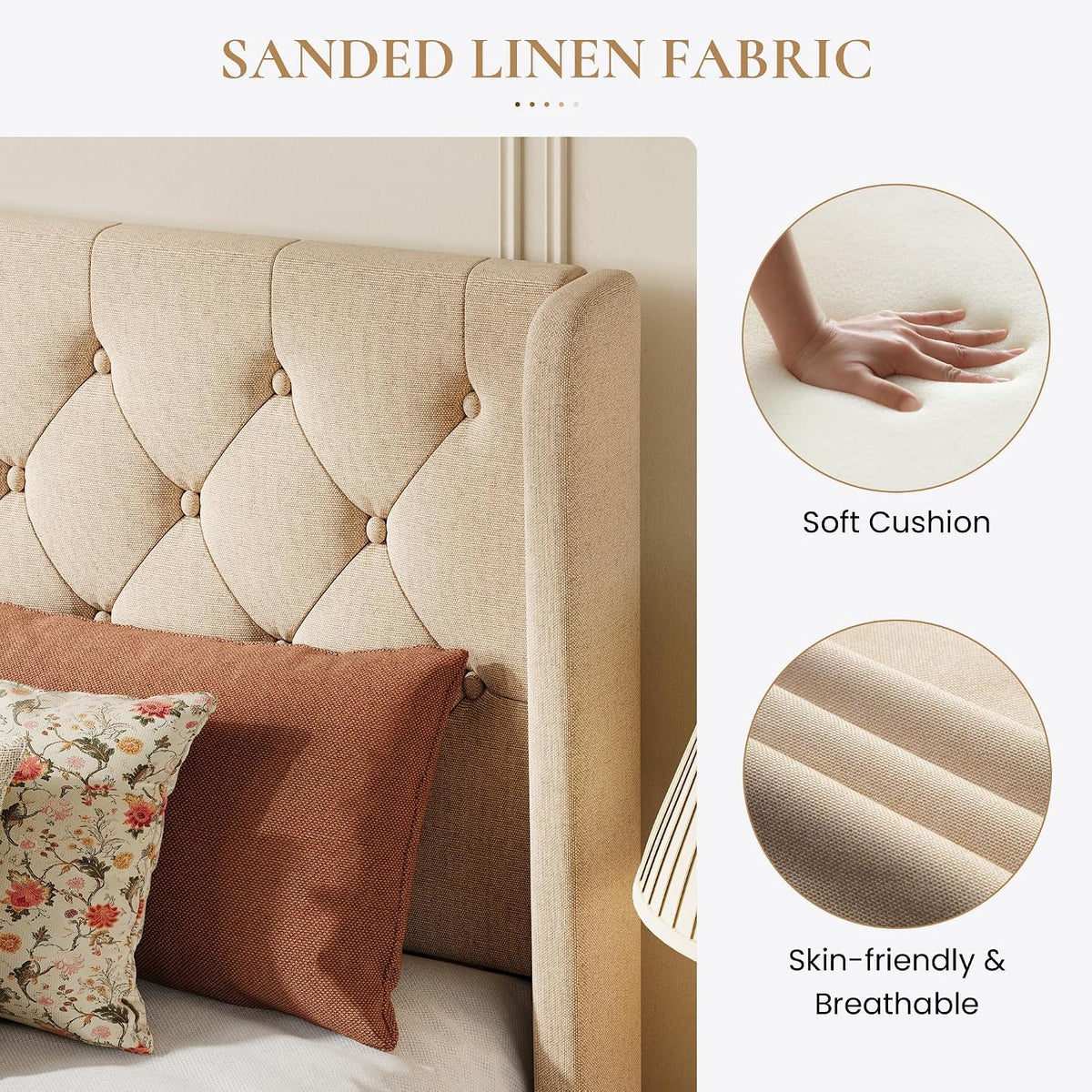 SHA CERLIN Queen Upholstered Bed Frame, Button Tufted Design, Beige