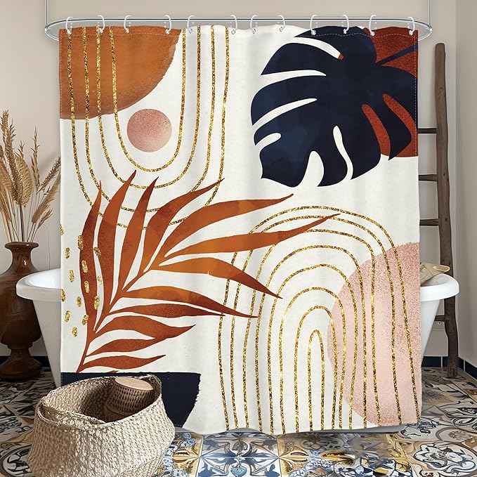 Glawry Boho Navy Brown Shower Curtain Modern Mid Century Abstract Tropical Palm Leaf Bathroom Minimalist Geometric Arch 60Wx72L Inches Bath Accessories Art Home Decor Fabric 12 Pack Hooks