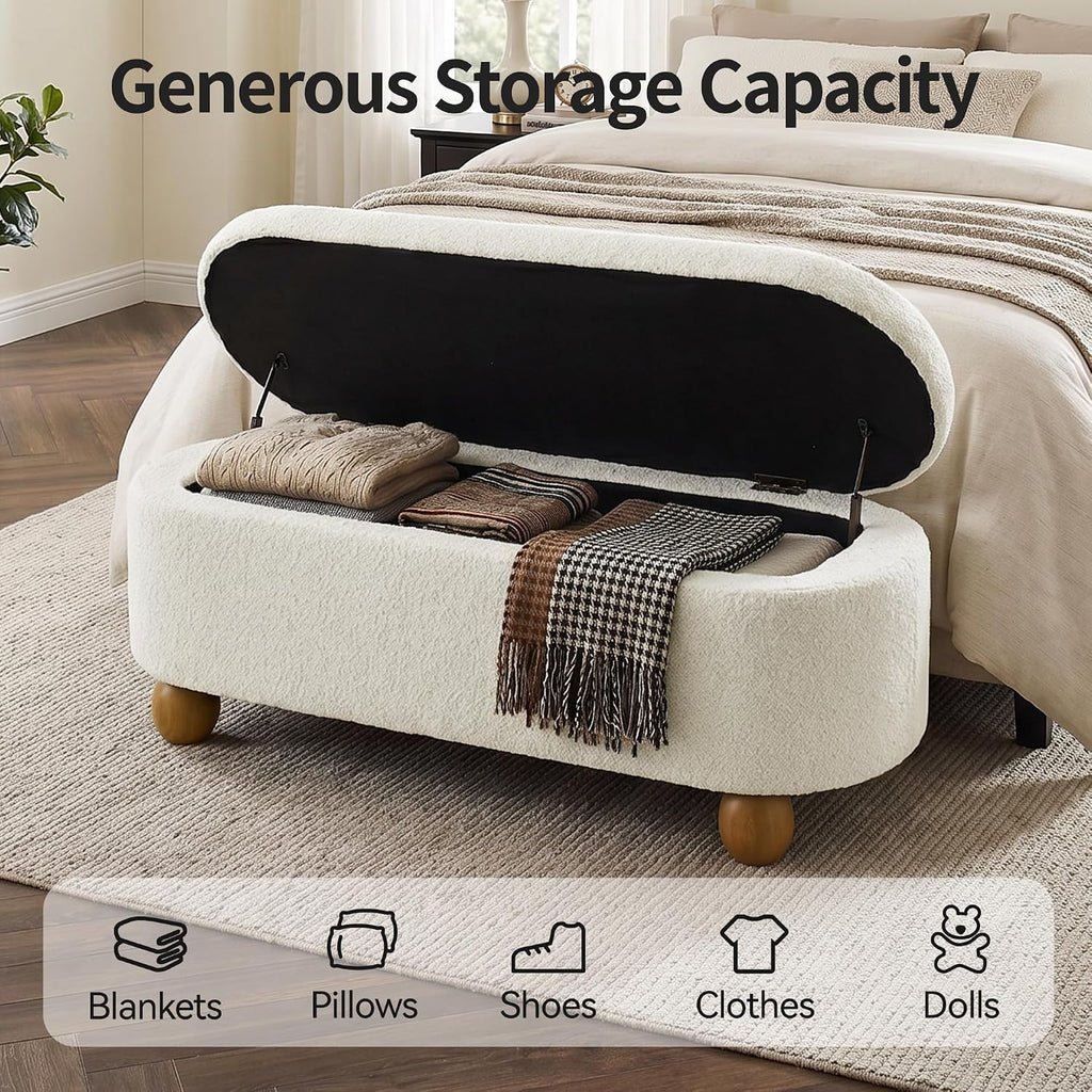 VKNOW 44.8" Storage Ottoman Bench End of Bed Bench with Hinge, Beige | Cute Spherical Solid Wood Stool Legs, Comfortable Fabric, No Assembly, Bedroom Living Room Entryway Dressing Areas