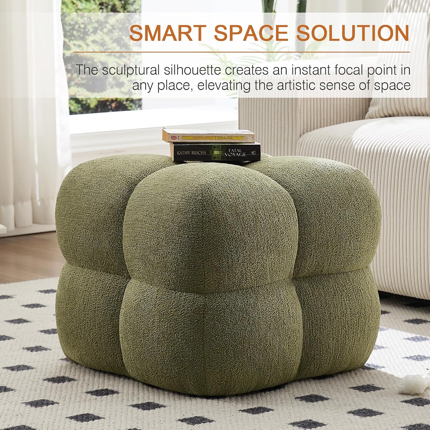 Zesthouse Square Pouf Ottomans Set of 2, Modern Vanity Chair for Bedroom | Boucle Fabric Foot Rest for Couch, Upholstered Tufted Footstool, Poofy Ottoman Seat for Living Room Dorm Fluffy Ottoman Green