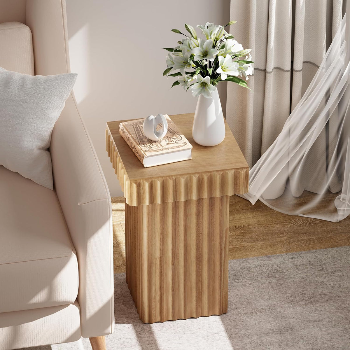 COZAYH Modern Fluted Wood End Table with Natural Oak Finish, Sculptural Accent Side Table with Textured Design, Plant Stand Small Space Furniture for Living Room, Farmhouse