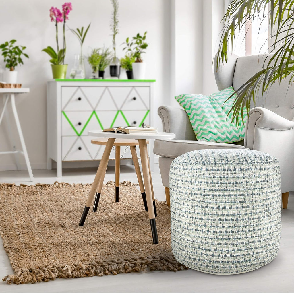 LR Home Interwoven Coastal Delight Indoor Outdoor Pouf, Blue/Green/White, 20" x 20" x 20"
