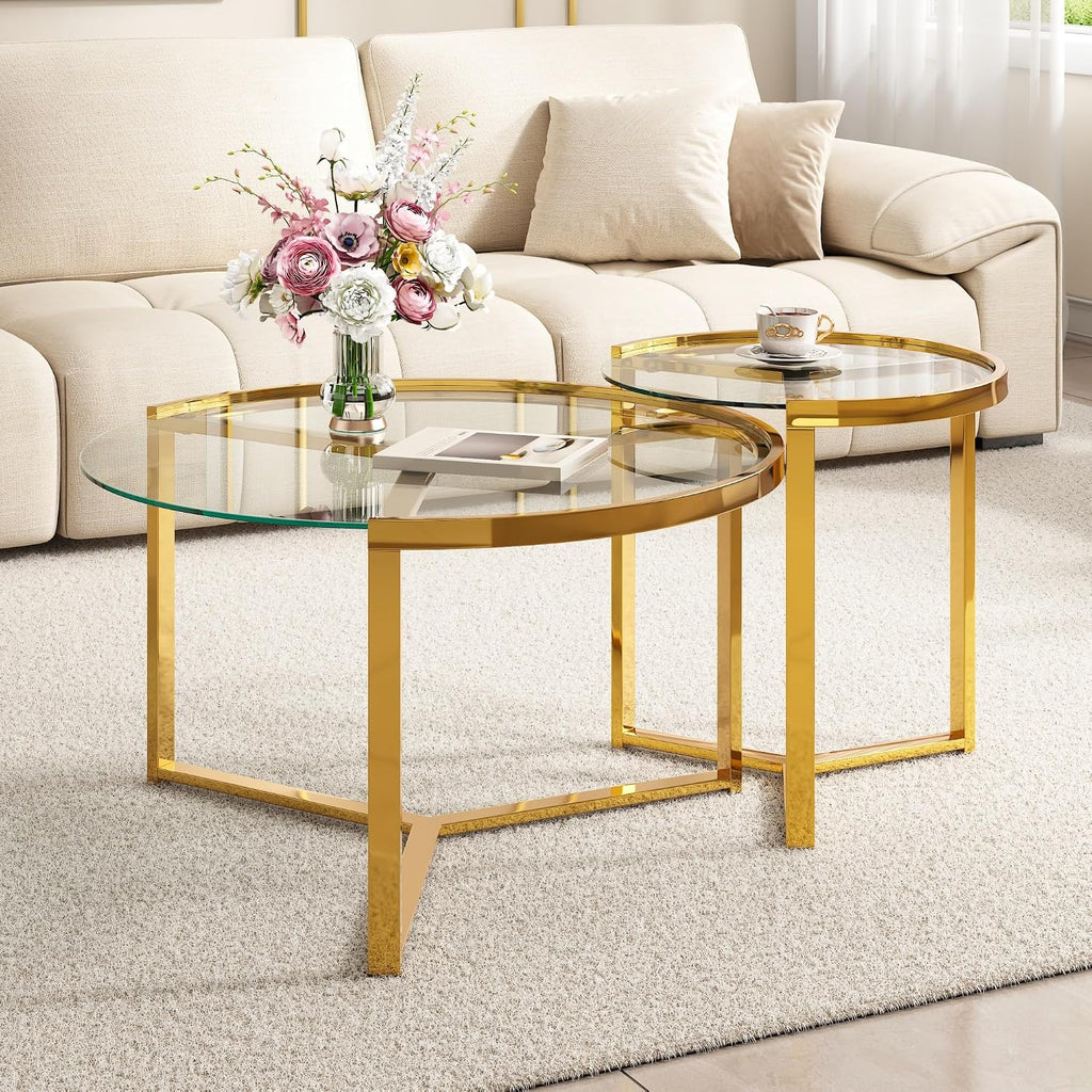 Glass Nesting Coffee Table Set with Metal Frame & Glam Design, Transparent | Modern Round Cocktail Center Table with Tempered Glass, Luxury for Living Room & Home Decor