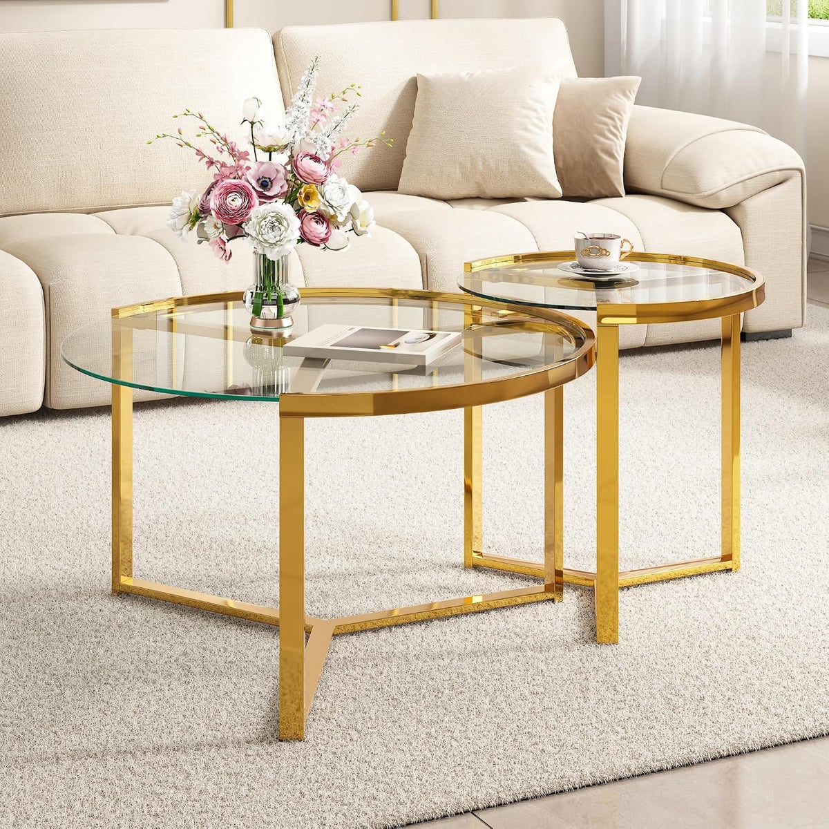 Glass Nesting Coffee Table Set with Metal Frame & Glam Design, Transparent | Modern Round Cocktail Center Table with Tempered Glass, Luxury for Living Room & Home Decor