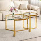 Round Nesting Coffee Table Set of 2 with Gold Frame & Mirrored Top, Black | Modern Circular Cocktail Tables with Tempered Glass, Space-Saving for Living Room & Apartment