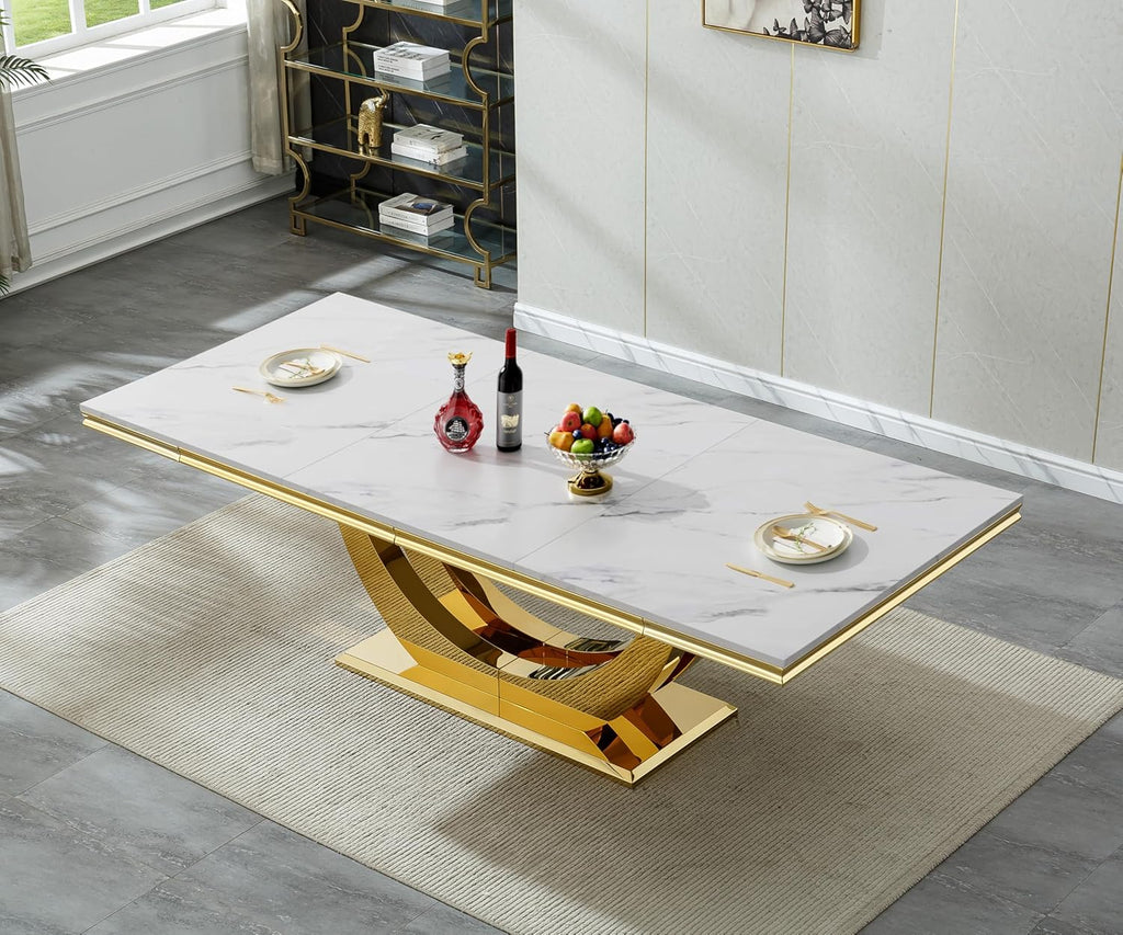 94" White Dining Table for 6-10, Modern Rectangular Kitchen Table with Faux Marble Table Top and Double U-Shaped Gold Stainless Steel Base, Large Long Dinner Table for Kitchen Dining Room