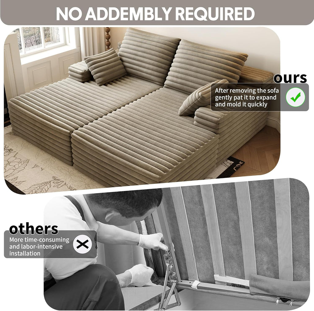 80” Oversized Double Lounge Chaise,Cloud Plush Sofa Bed,Upholstered Cloud Sofa Deep Seat,No Assembly Required,Modern Corduroy Sleeper Loveseat Chair for Living Room Bedroom Reading,Camel