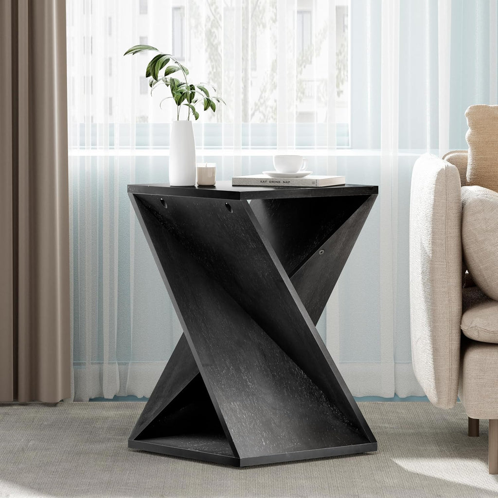 COZAYH Farmhouse End Table Square Solid Wood Pedestal Side Table Rustic Plant Stand with Twisted Design for Living Room, Bedroom, Office, Black