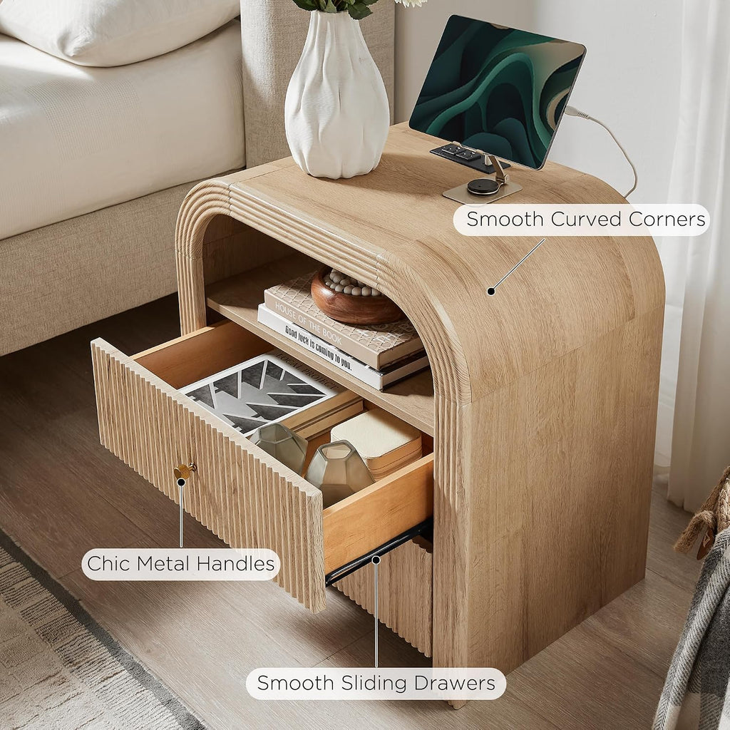 T4TREAM 24" Fluted Nightstand Set of 2 with Charging Station, Natural Oak | 2-Drawer Bedside Table, Modern End Table with Storage for the Bedroom or Living Room, Thickened frame, Rounded Silhouette