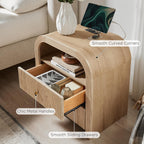 T4TREAM 24" Fluted Nightstand Set of 2 with Charging Station, Natural Oak | 2-Drawer Bedside Table, Modern End Table with Storage for the Bedroom or Living Room, Thickened frame, Rounded Silhouette