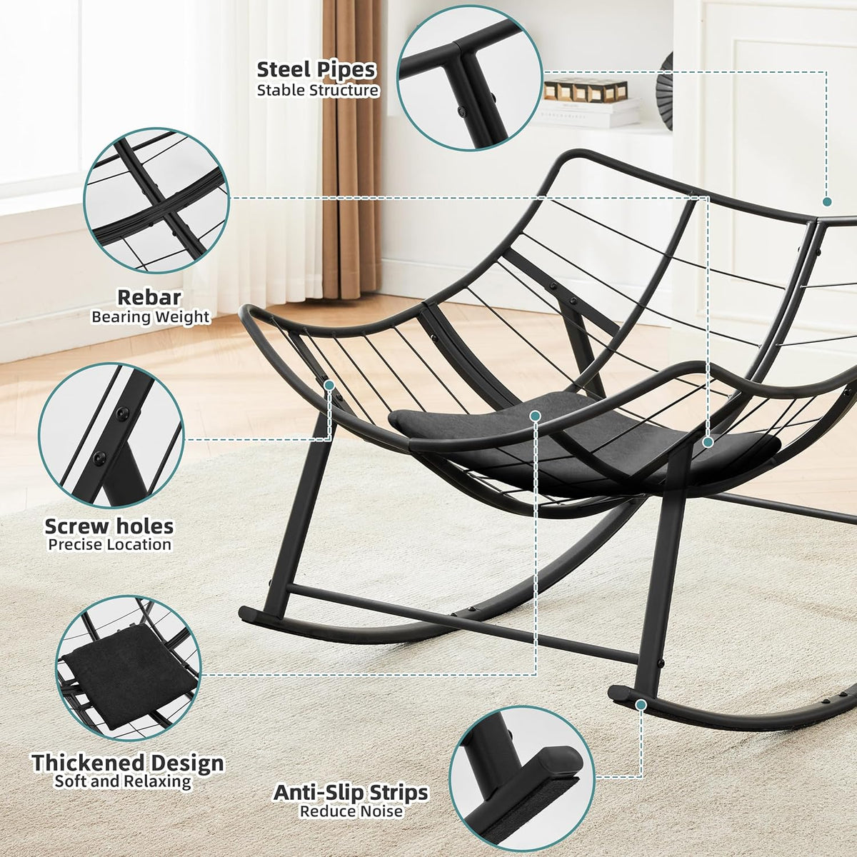 Oversized Rocking Chair Indoor, Papasan Rocking Chair Outdoor, Lounge Chair with Cushion, Patio Egg Rocker Chairs, Comfy Reading Chairs for Bedroom, Living Room, Garden, Lawn, Dark Grey