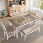 59" Farmhouse Dining Table Set for 6, White Rectangular Wood Table with Upholstered Chairs & Bench for Kitchen or Dining Room (2chiars&2bench)