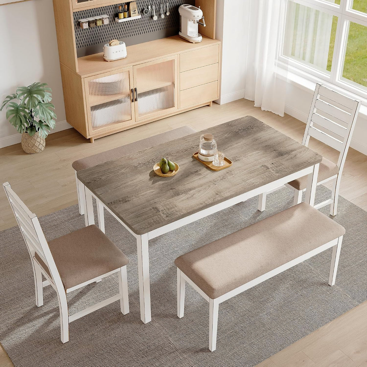 59" Farmhouse Dining Table Set for 6, White Rectangular Wood Table with Upholstered Chairs & Bench for Kitchen or Dining Room (2chiars&2bench)