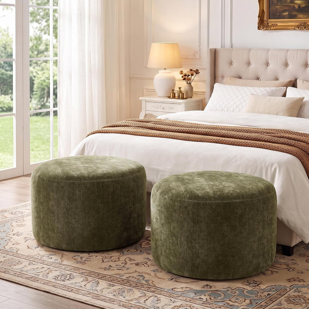 Upholstered Round Green Pouf Ottoman Set of 2, Modern Footstools | Chenille Footrest with Soft Padded Seat & Wood Frame, Sage Green Ottoman, Accent Vanity Stool for Living Room and Bedroom
