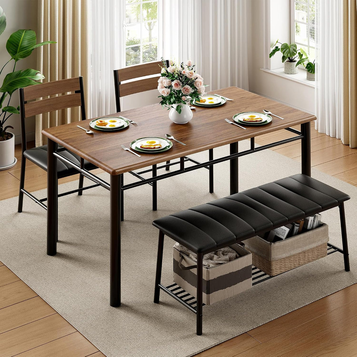 IRONCK Dining Table Set for 4, Kitchen Table with Upholstered Bench and 2 Chairs, Kitchen Table and Chairs Set for Small Space, Apartment, Walnut