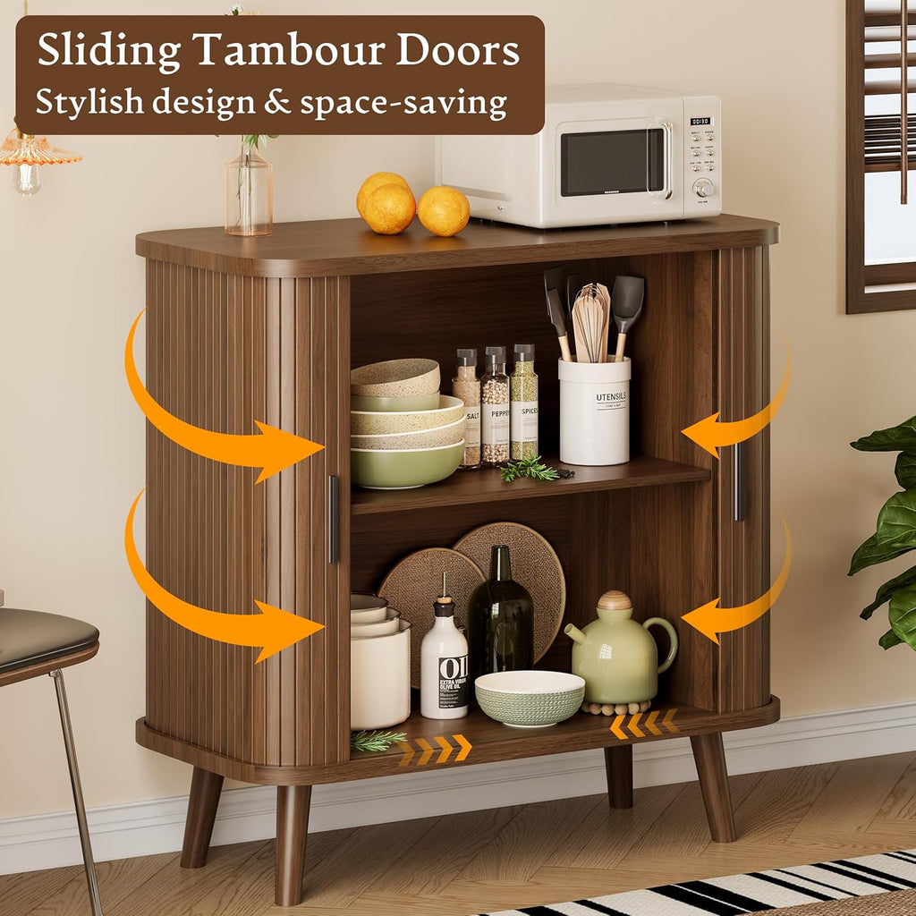 Sideboard Buffet Cabinet with Sliding Door, 31.5" Wide Fluted Modern Accent Storage Cabinet with Adjustable Shelves, Wood Coffee Bar Buffet Console Table for Kitchen, Dining Room, Living Room, Walnut