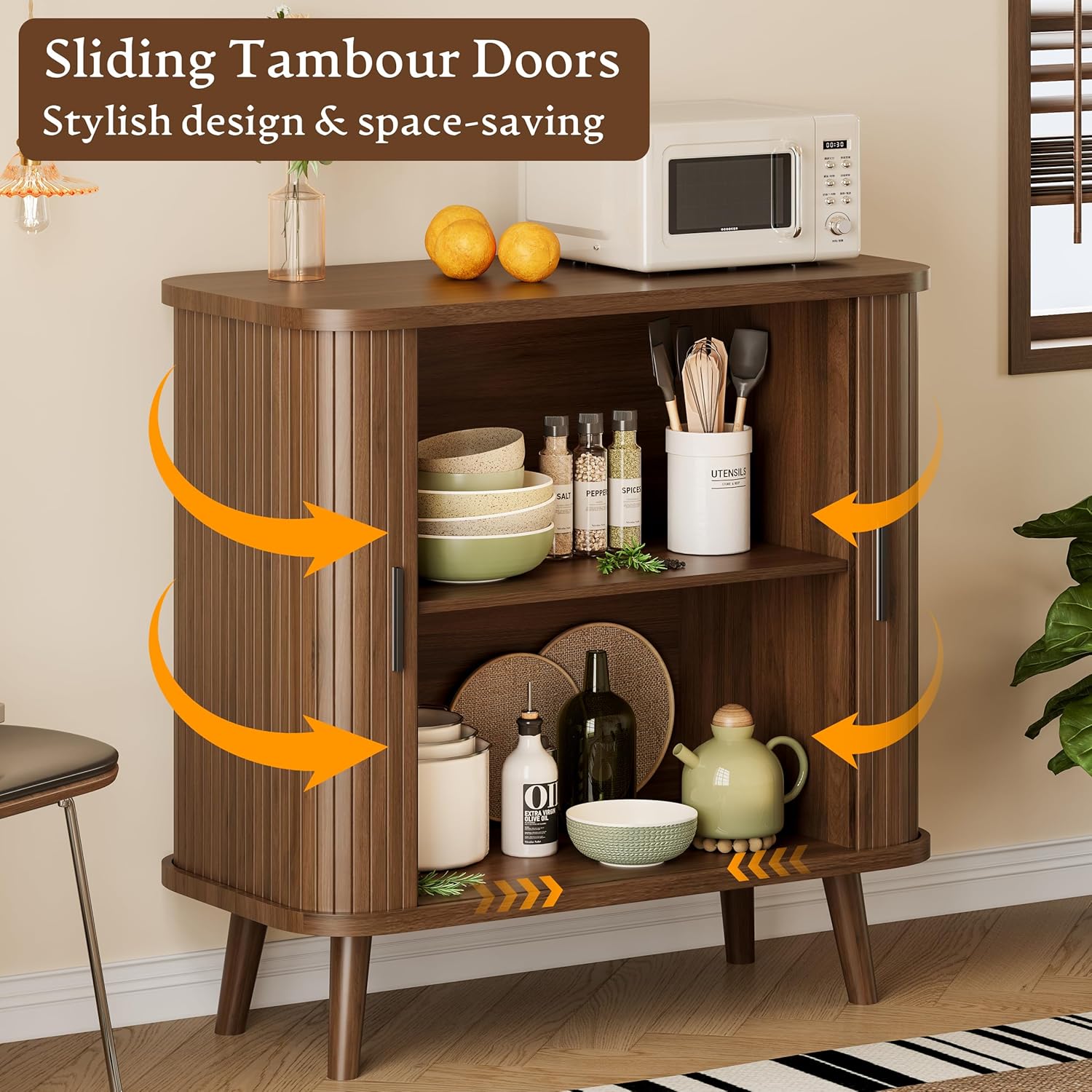 Sideboard Buffet Cabinet with Sliding Door, 31.5" Wide Fluted Modern Accent Storage Cabinet with Adjustable Shelves, Wood Coffee Bar Buffet Console Table for Kitchen, Dining Room, Living Room, Walnut