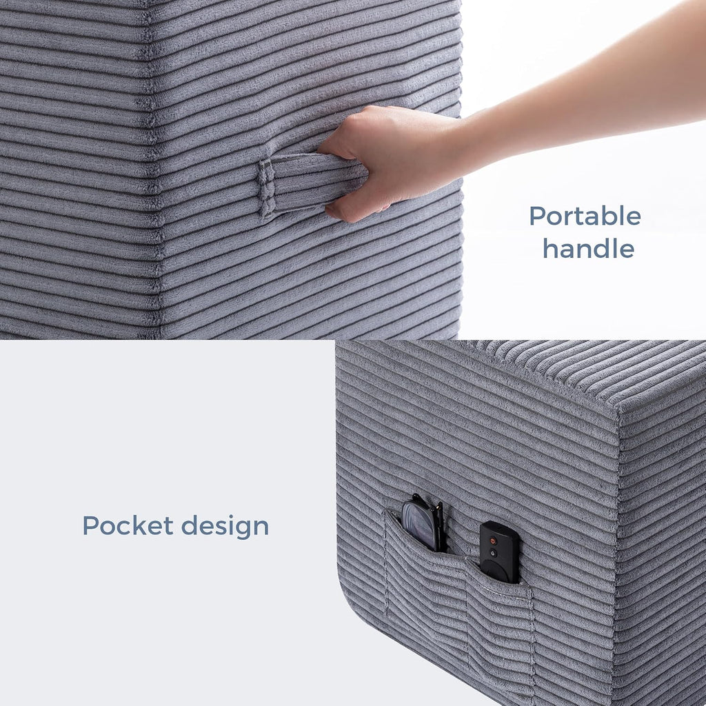 Rectangular Pouf Ottoman, Foam-Filled Footrest, Dark Gray | Soft coral fleece, adjustable foam filling, hidden storage and a carry handle combine comfort with everyday convenience.