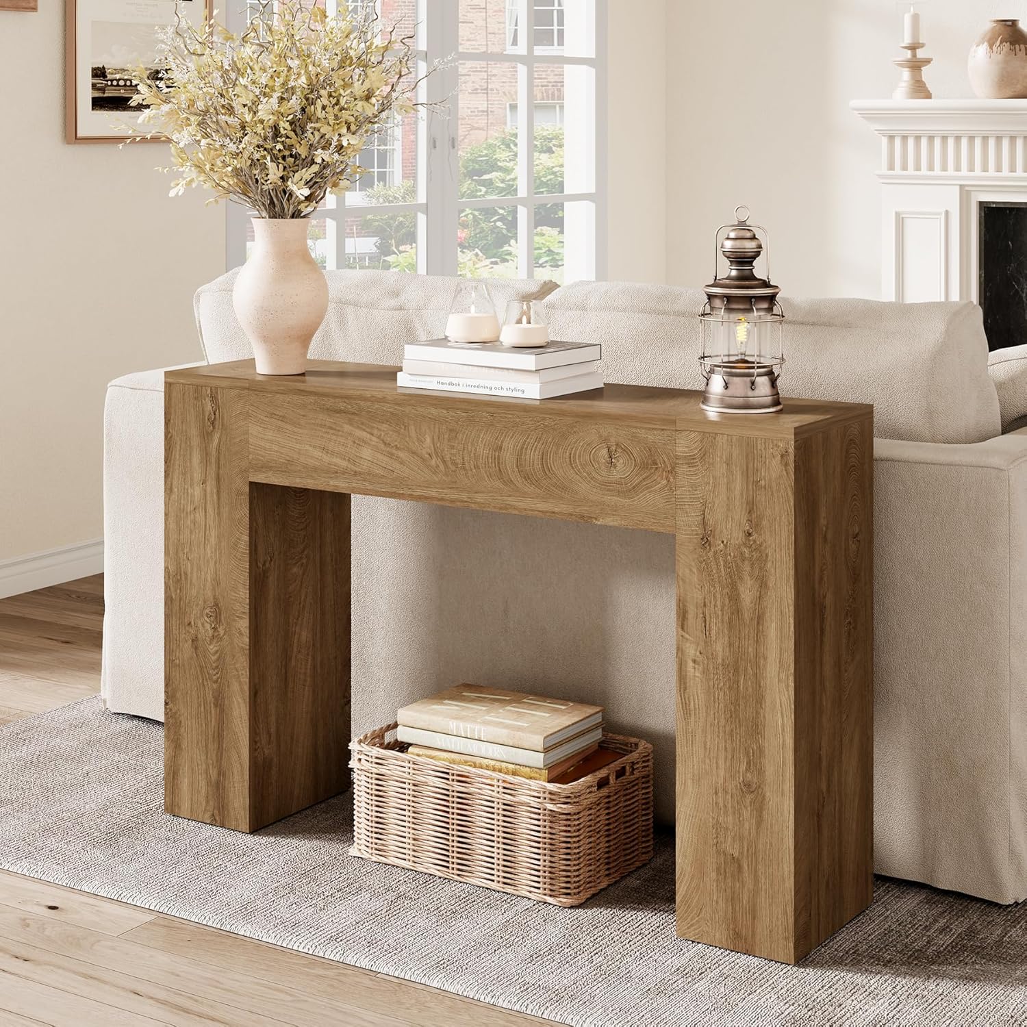 43 Inch Wood Console Table, Natural Oak Small Sofa Table for Entryway Living Room, Farmhouse Rectangular Accent Couch Table Behind Sofa with Sturdy Wood Base, for Hallway Foyer Entrance