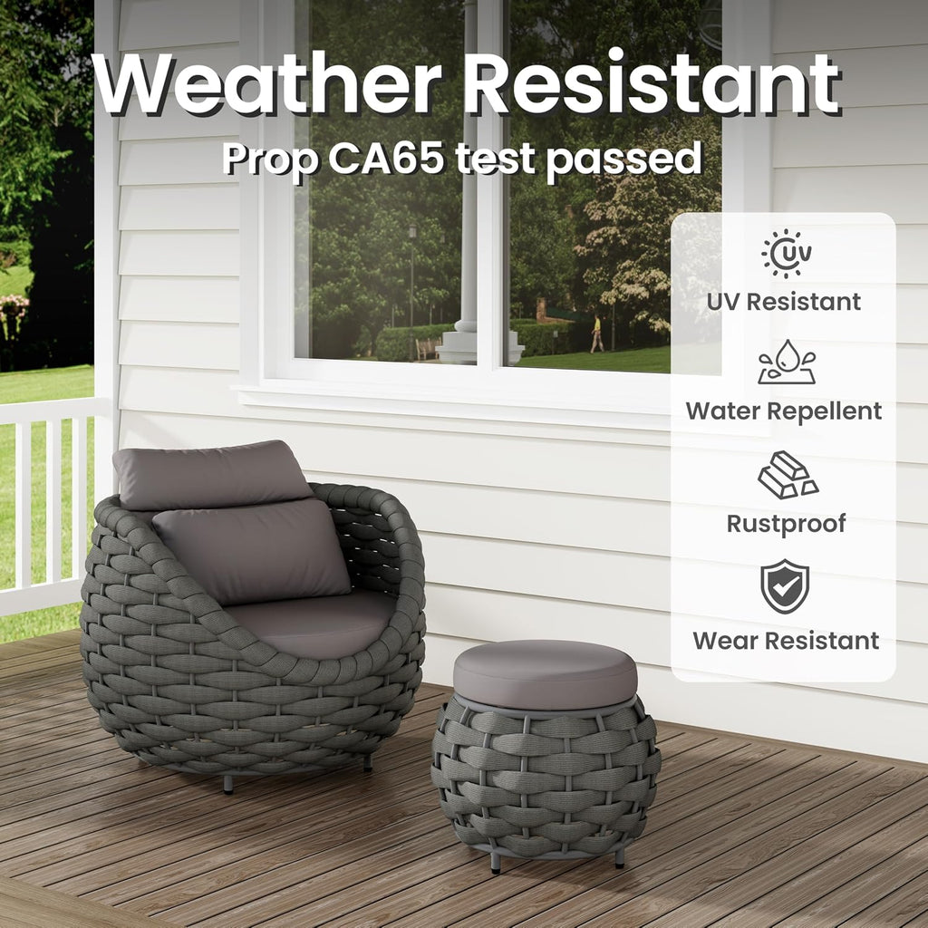 Round Patio Ottoman: Woven Textilene Rope Footstool with φ15.8'' Cushion, Aluminum Frame Footrest, All-Weather Foot Rest for Balcony Garden Deck Outdoor, No Assembly, Dark Gray