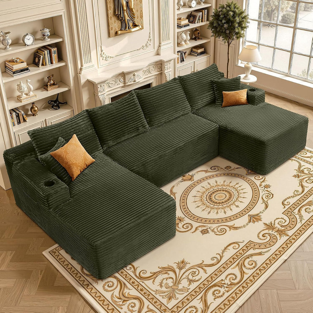 Green 134 Inch U-Shaped Modular Sectional Sofa, Corduroy Cloud Couch with Dual Chaise, High-Resilience Foam & Spring Coils, Deep Seat Lounge with 2 Cupholders & Side Pockets, No Assembly