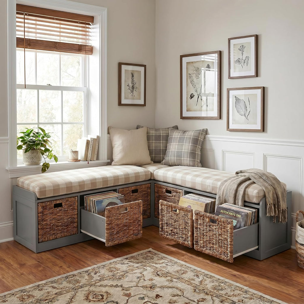 L-Shaped Storage Bench, 63" Corner Entryway Window Bench with 6 Strorage Drawers, Modern Breakfast Nook Seat for 2-3 Adults, Corner Banquette Benches for Living Room, Dining Room, Gray